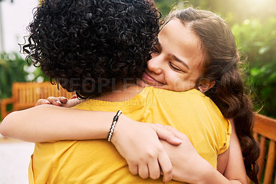 Buy stock photo Care, love and friends hug for support, trust and happy together in outdoor garden or park with happiness. Woman, girl and people connect in solidarity and reunion with a smile, young and excited