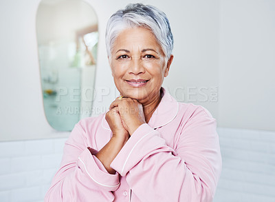 Buy stock photo Portrait,  home and old woman with hands together, smile and bedroom with retirement. Face, pensioner and happy senior person with comfort, relax and morning with pajamas, content and confidence