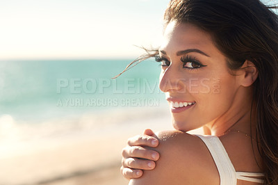Buy stock photo Cropped shot of a gorgeous young woman on the beach