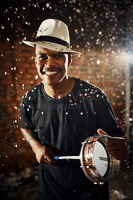 Buy stock photo Portrait of a young musical performer playing drums