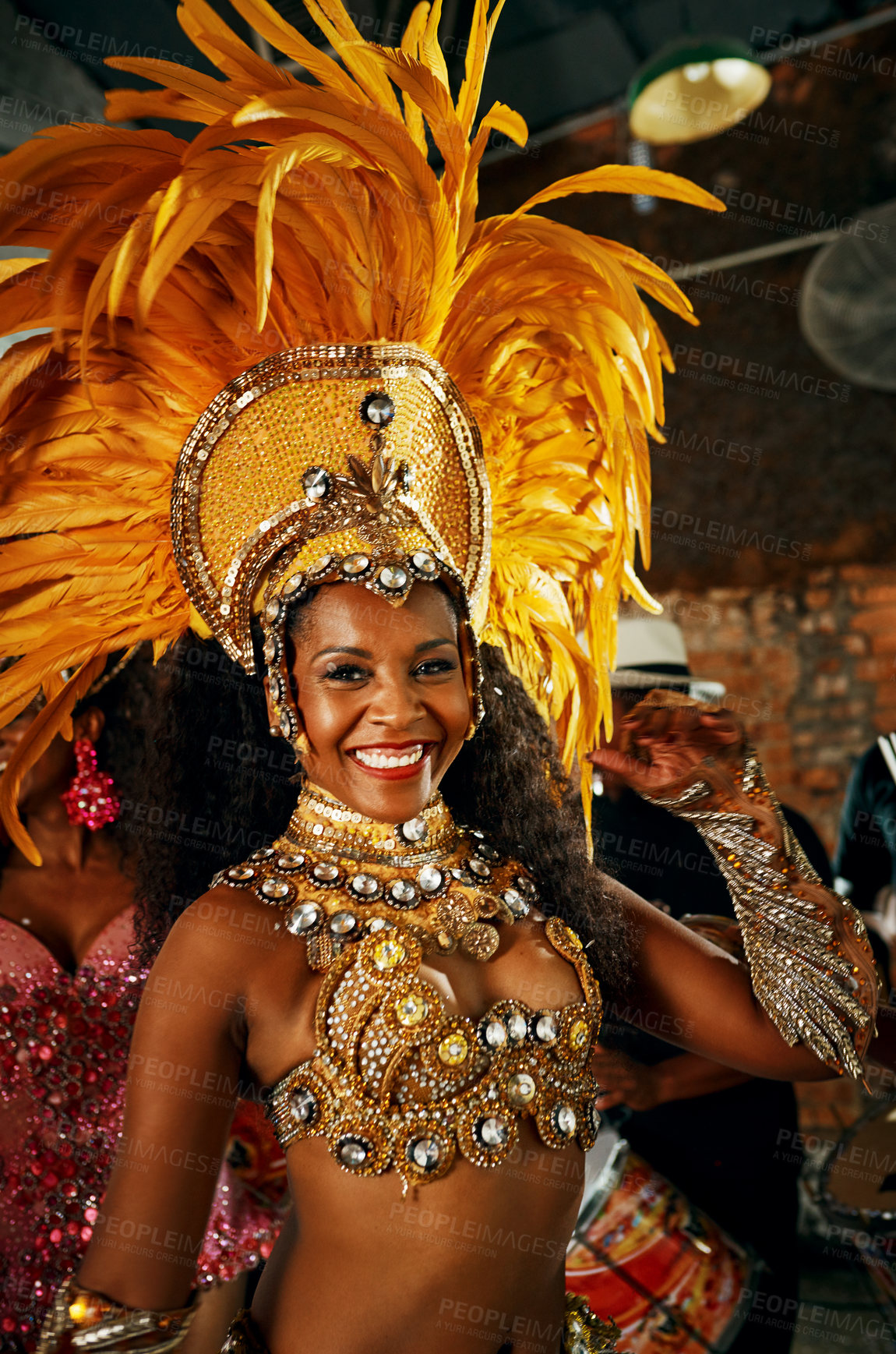 Buy stock photo Carnival, dance and portrait of woman in Brazil for culture, performance or tradition at festival. Costume, samba and smile with happy person in Rio de Janeiro for celebration, concert or party