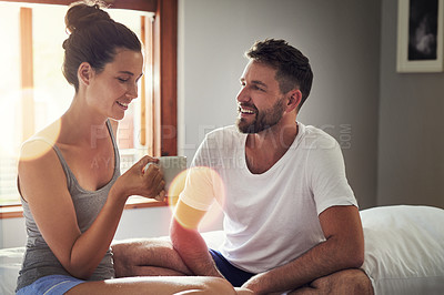 Buy stock photo Cropped shot of a happy young couple in the morning at home