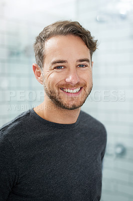 Buy stock photo Portrait of a happy young man standing in his bathroom