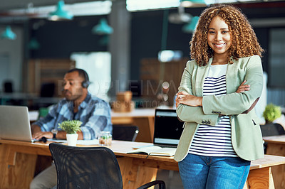 Buy stock photo Business, woman and portrait with arms crossed in office for professional career, finance and pride. Financial advisor, smile and happy with confidence at desk for accounting, job and ambition