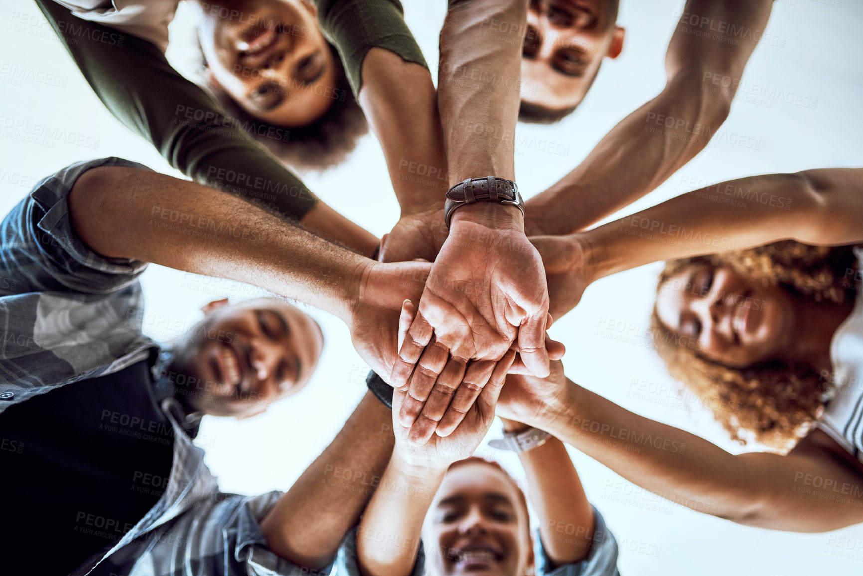 Buy stock photo Business people, stack and hands for team building in office, community and support or unity. Colleagues, motivation and collaboration in low angle of workplace, solidarity pile and coworking startup