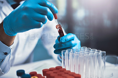 Buy stock photo Vial, test tube and hands of scientist with pipette for medical research, dna testing or rna analysis. Science, professional and gloves with blood sample for biology experiment and lab investigation