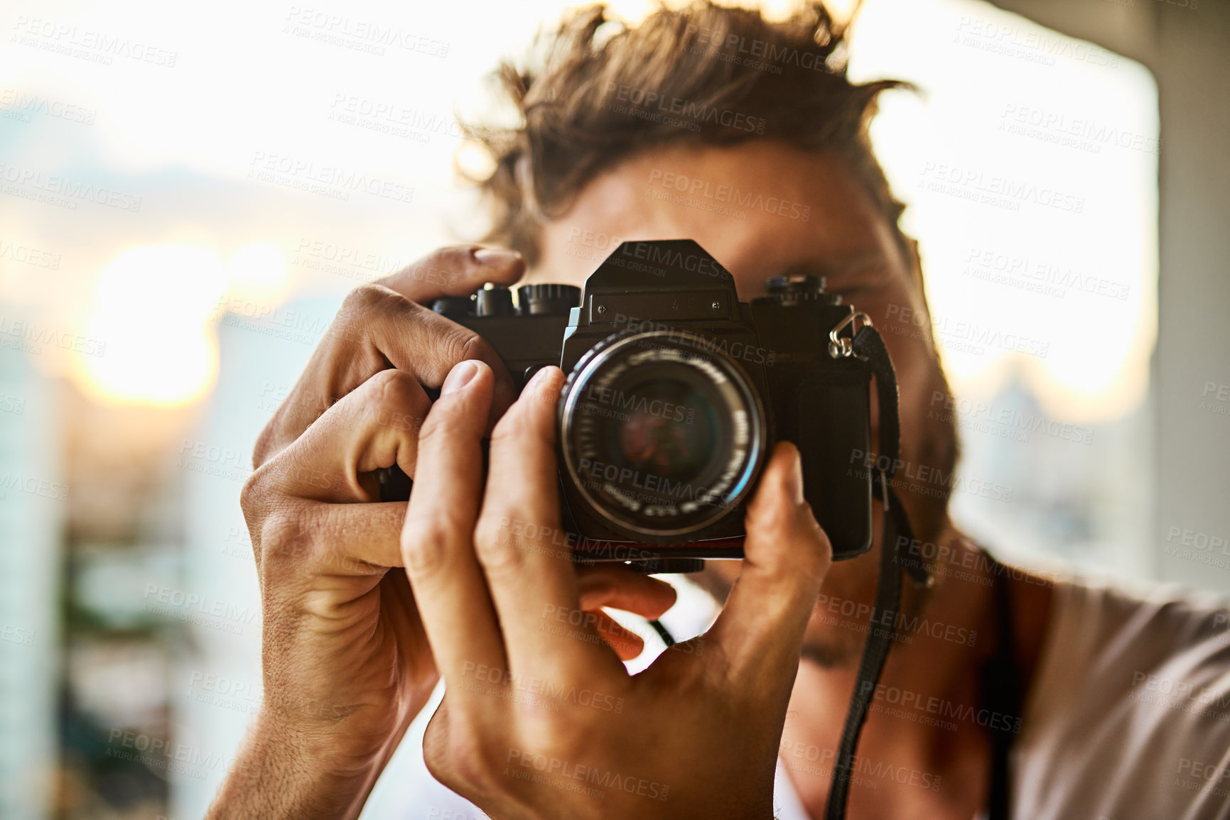 Buy stock photo Balcony, portrait and man photographer with camera on holiday travel in Australia for adventure and sightseeing. Male tourist, photography and shooting photos for experience and documentation