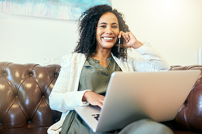 Buy stock photo Happy woman, portrait and laptop with phone call on sofa for business discussion or conversation at office. Young, female person or secretary talking with mobile smartphone or computer for advice