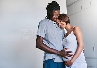 Buy stock photo Pregnant, love and happy couple with hands on stomach in house for support, security and safety, nurture and protection. Future, family and people hug at home with tummy growth, gratitude or bonding 