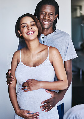 Buy stock photo Happy couple, portrait and pregnancy with hug for maternity, expectation or start a family at home. Young man and pregnant woman with tummy, love or baby belly for support or care together at house