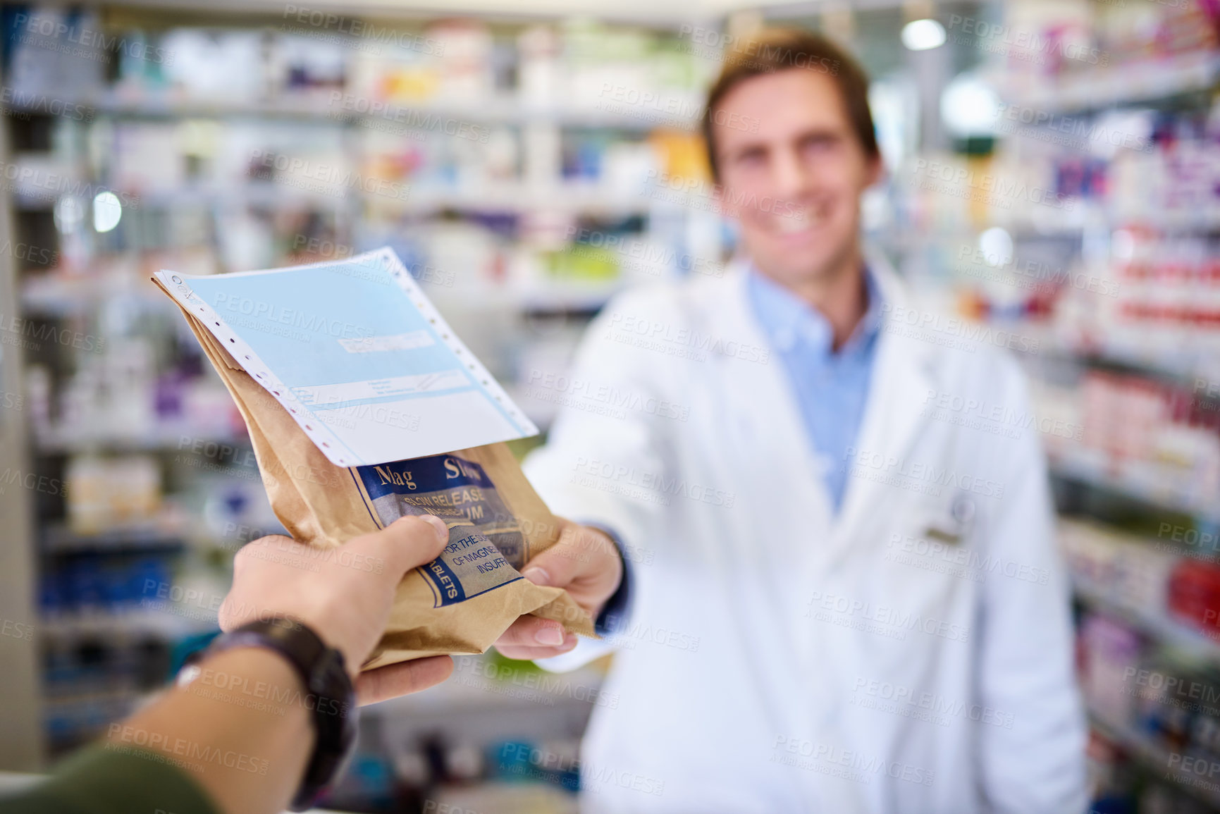 Buy stock photo Hands, pharmacy and bag for prescription drugs at dispensary, customer and shop for treatment. Person, antibiotics and pov for over the counter medication at apothecary, tablets and medicine parcel