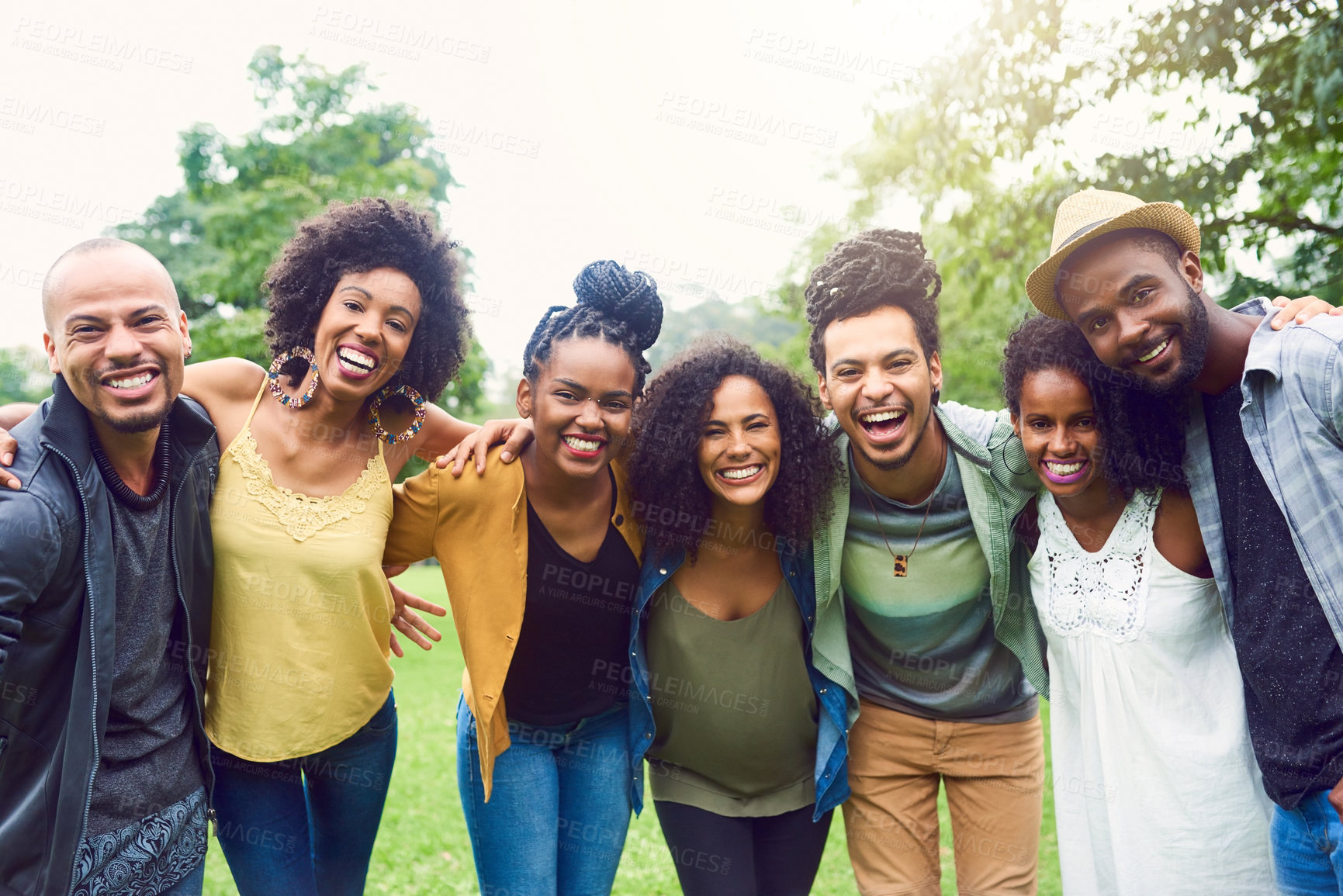 Buy stock photo Happy, portrait and black people with hug, outdoor and outing for anniversary of friendship in park. Nature, smile and celebration in reunion, love and embrace in Costa Rica, travel and vacation