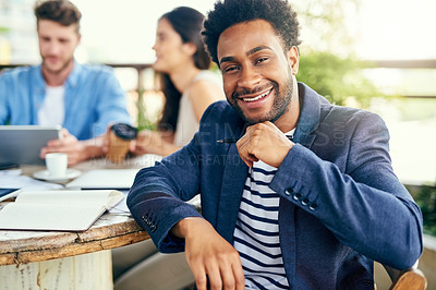 Buy stock photo Portrait, thinking and happy businessman at coffee shop for article ideas, inspiration or mindset. Face, planning and startup entrepreneur at cafe with creative team, copywriter or coworking outdoor