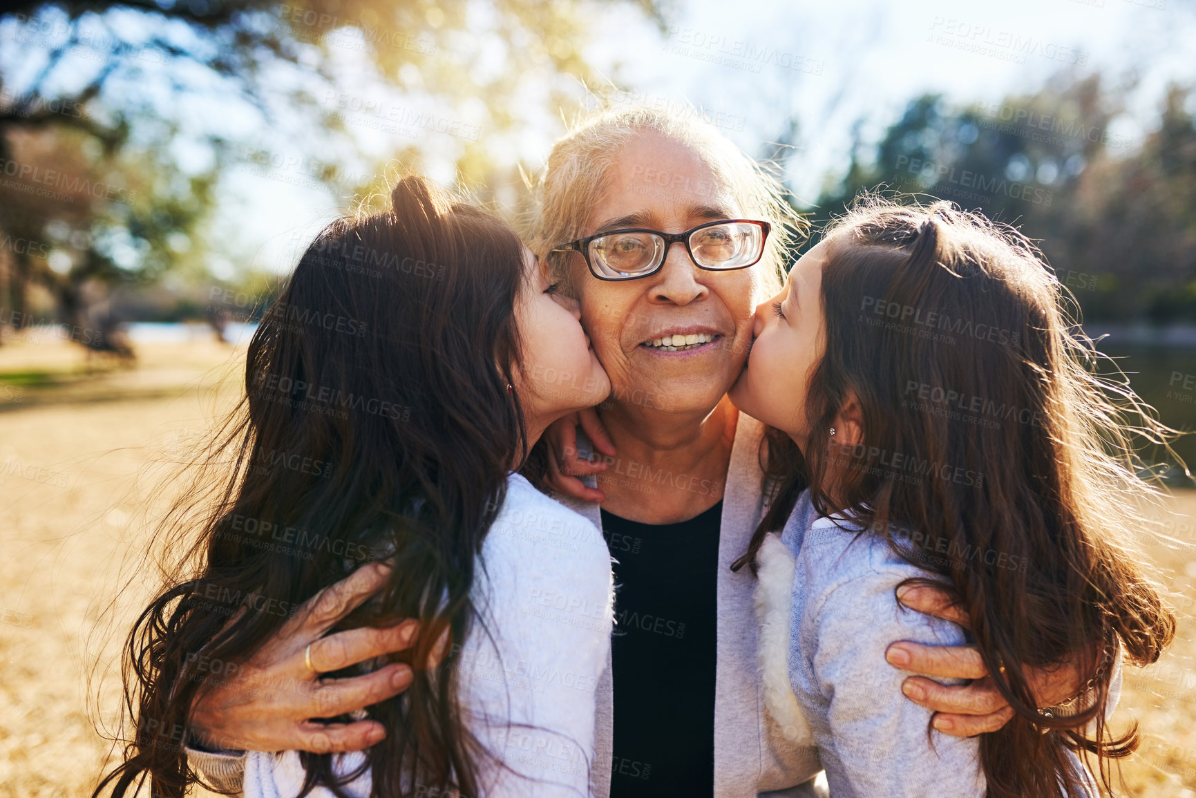 Buy stock photo Cropped shot of a grandmother getting kissed on the cheeks by her two adorable granddaughters
