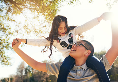 Buy stock photo Family, forest and shoulder carry with teen boy, girl and sister with love and view. Low angle, care and nature together for smile, happy and kid with brother for summer vacation or holiday in park