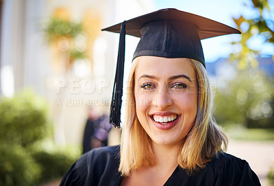 Buy stock photo Happy woman, portrait and hat with student for graduation, future education or learning at university. Young, female person or graduate with smile for academic development or milestone on campus