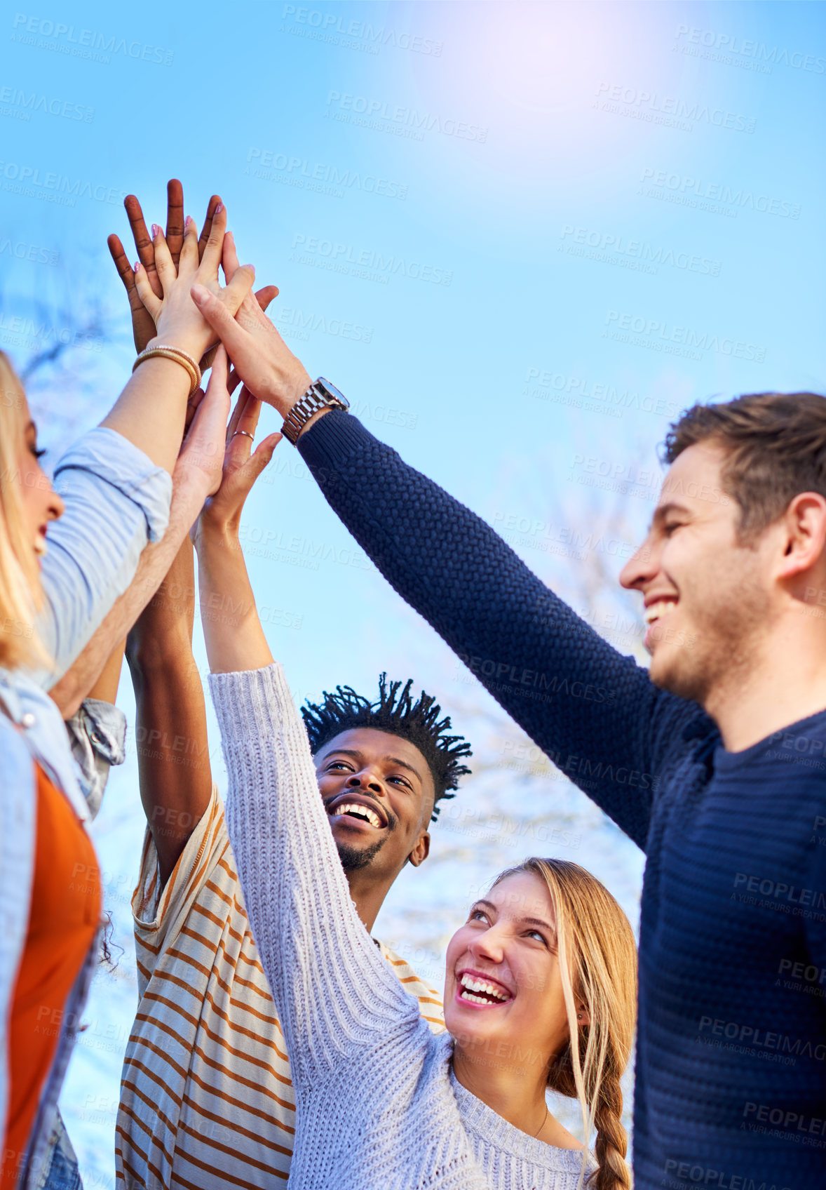 Buy stock photo Friends, high five and support for diversity in nature with solidarity and trust in backyard. Community, people and together in garden for collaboration, motivation and success or achievement outdoor