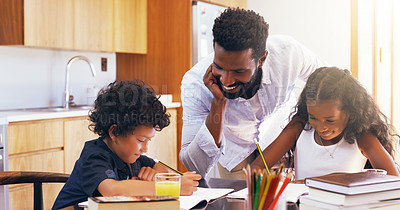 Buy stock photo Cropped shot of a young father helping his adorable son and daughter with their schoolwork at home