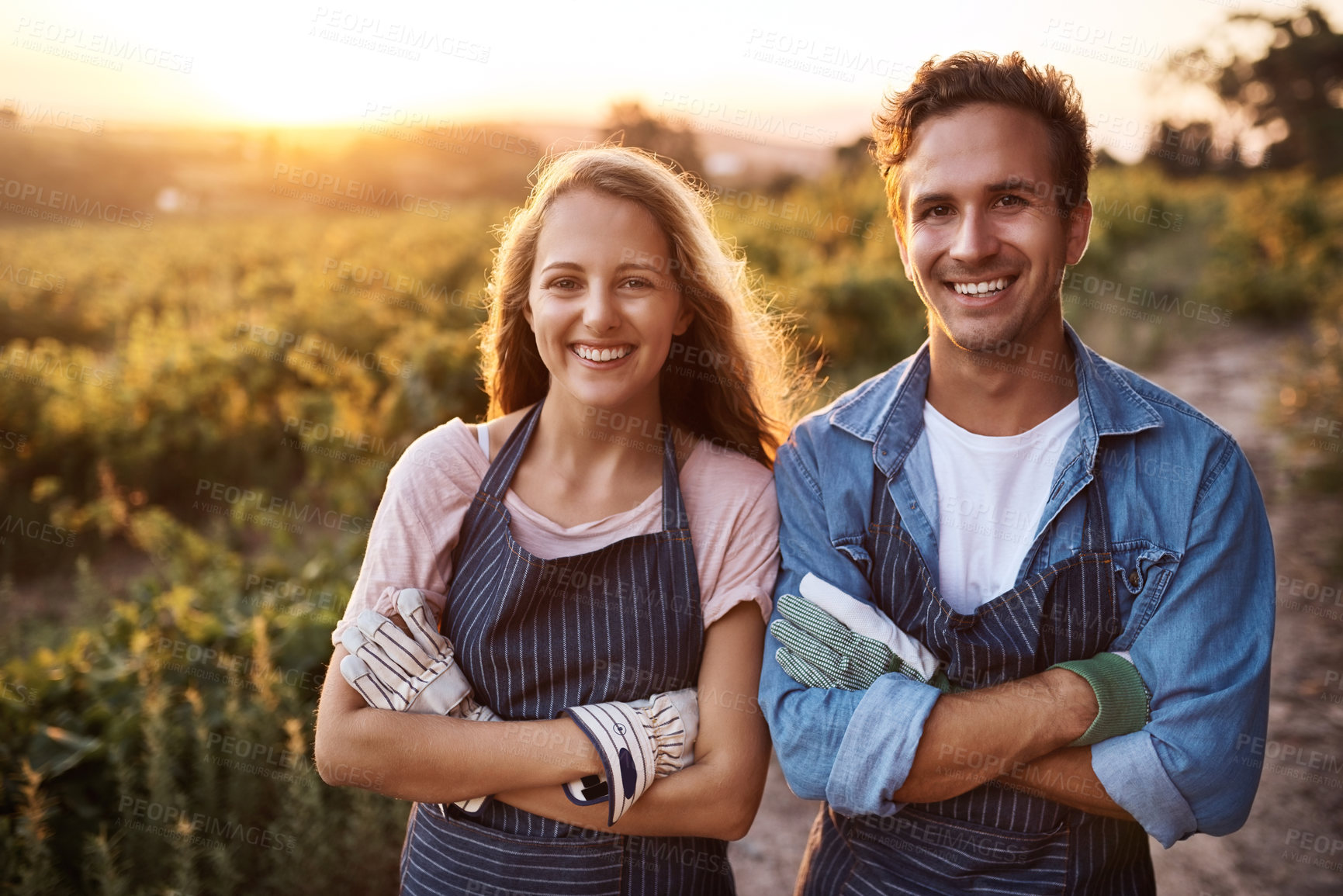 Buy stock photo Happy couple, arms crossed and portrait for farming, outdoor agriculture for plants, food and vegetables. Woman, man and together in countryside, garden or farm for happiness, start or sustainability