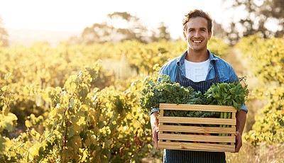 Buy stock photo Shot of a young man holding a crate full of freshly picked produce on a farm