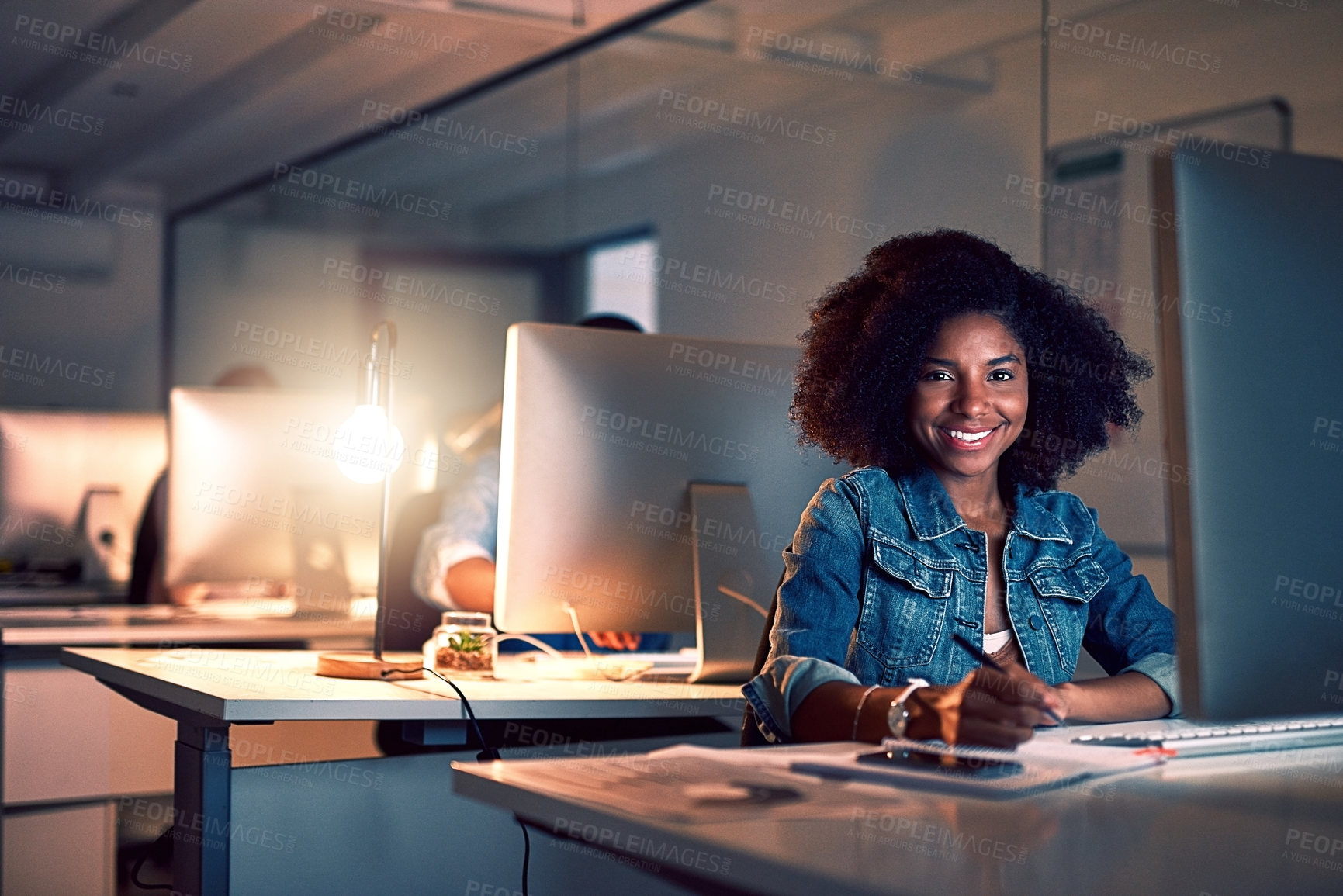 Buy stock photo Office, portrait and black woman with monitor at night for information technology, server and deadline. Programming, business and developer with documents by tech for backend, development and testing