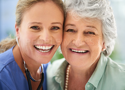 Buy stock photo Closeup portrait of an attractive female nurse and her senior patient in the hospital