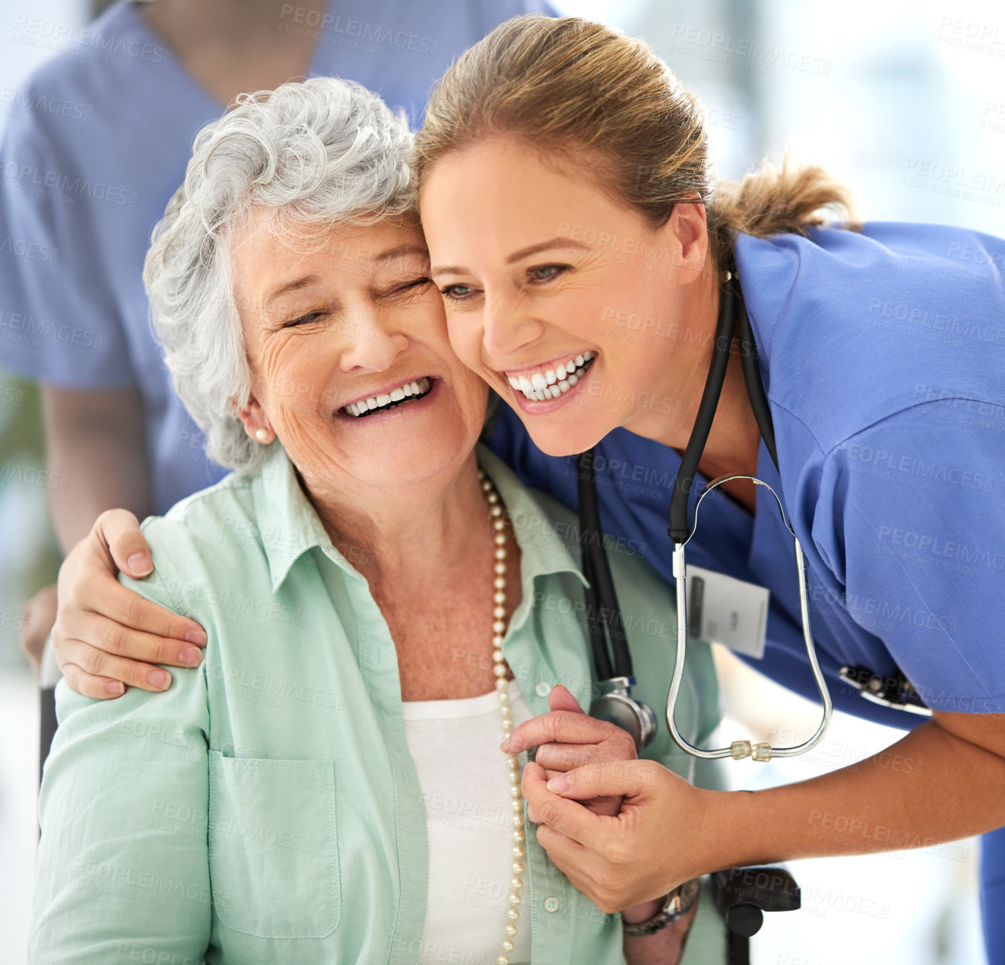 Buy stock photo Nurse, senior woman and happy hug of caregiver and smile with support and care in hospital. Wheelchair, patient and healthcare employee help person with a disability with love in a health clinic