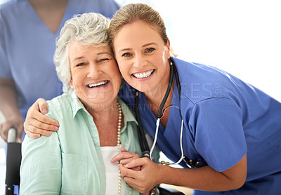 Buy stock photo Cropped portrait of an attractive female nurse and her senior patient in the hospital