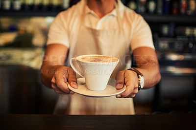 Buy stock photo Coffee cup, man hands and cafe barista with hot chocolate, espresso or latte for hydration, wellness and store service. Startup small business, shop and male waiter giving drink, beverage or liquid