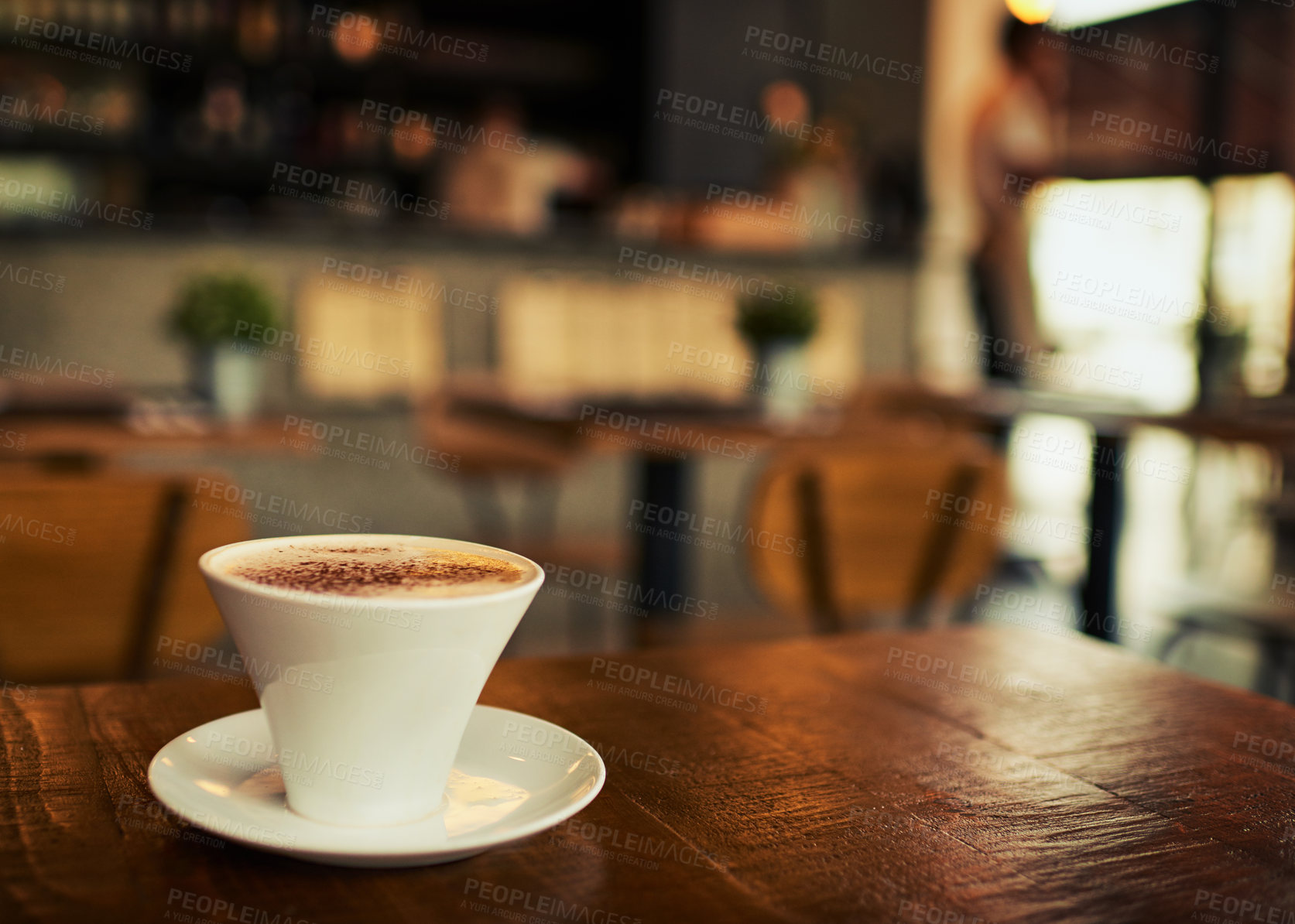 Buy stock photo Coffee table, mug or empty store, restaurant or diner cafe for beverage service, drink sales or hospitality industry. Tea cup, commerce market shop or startup small business with hot chocolate latte 