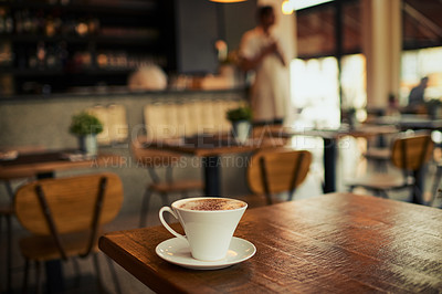 Buy stock photo Wooden table, coffee shop mug and cafe store, restaurant or diner for commerce beverage, drink or retail shopping service. Tea cup, morning espresso or startup small business for fresh caffeine sales