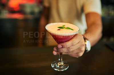 Buy stock photo Fruit cocktail glass, hands and bartender with alcohol at pub, night club or drinks bar for restaurant service. Nightclub diner, liquid drink and hands of waiter with drink or beverage for person
