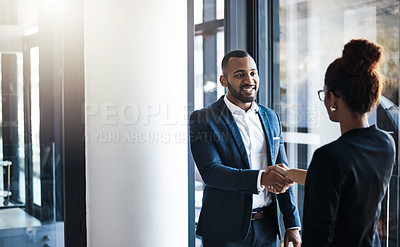 Buy stock photo Hand shake, man and woman in hallway for welcome, b2b collaboration or business meeting with respect. Businessman, partnership and shaking hands for human resources, hiring or greeting in workplace