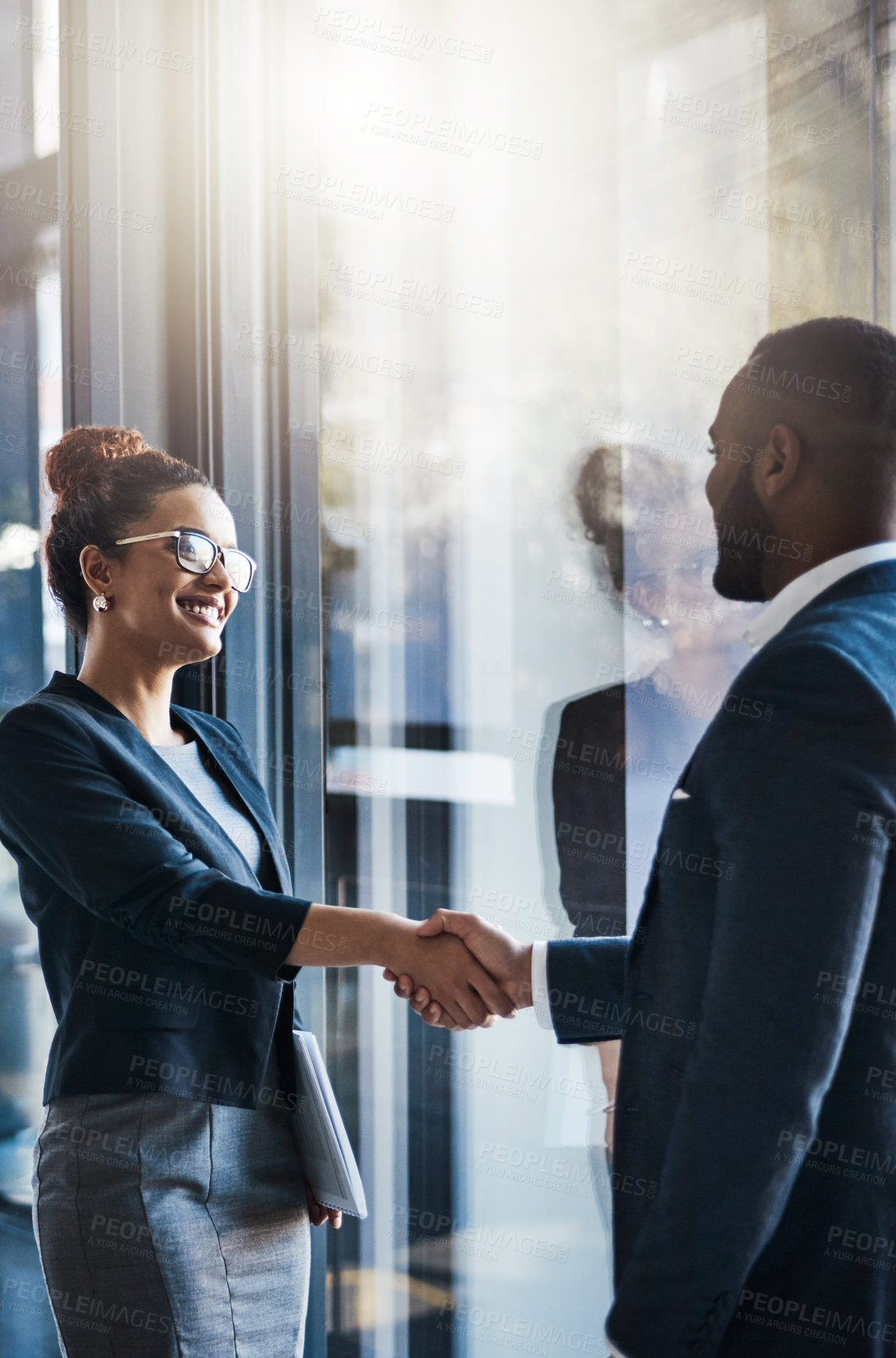 Buy stock photo Happy, business and people with handshake in office for welcome, introduction and company partnership. Employees, thank you and congratulations, promotion and negotiation deal for proposal agreement