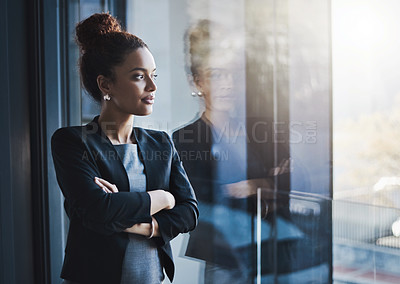 Buy stock photo Business woman, window and thinking for vision, goals and future of career with ideas, mission and mindset. Young businesswoman, focus and ambition in workplace with memory, reflection and dream