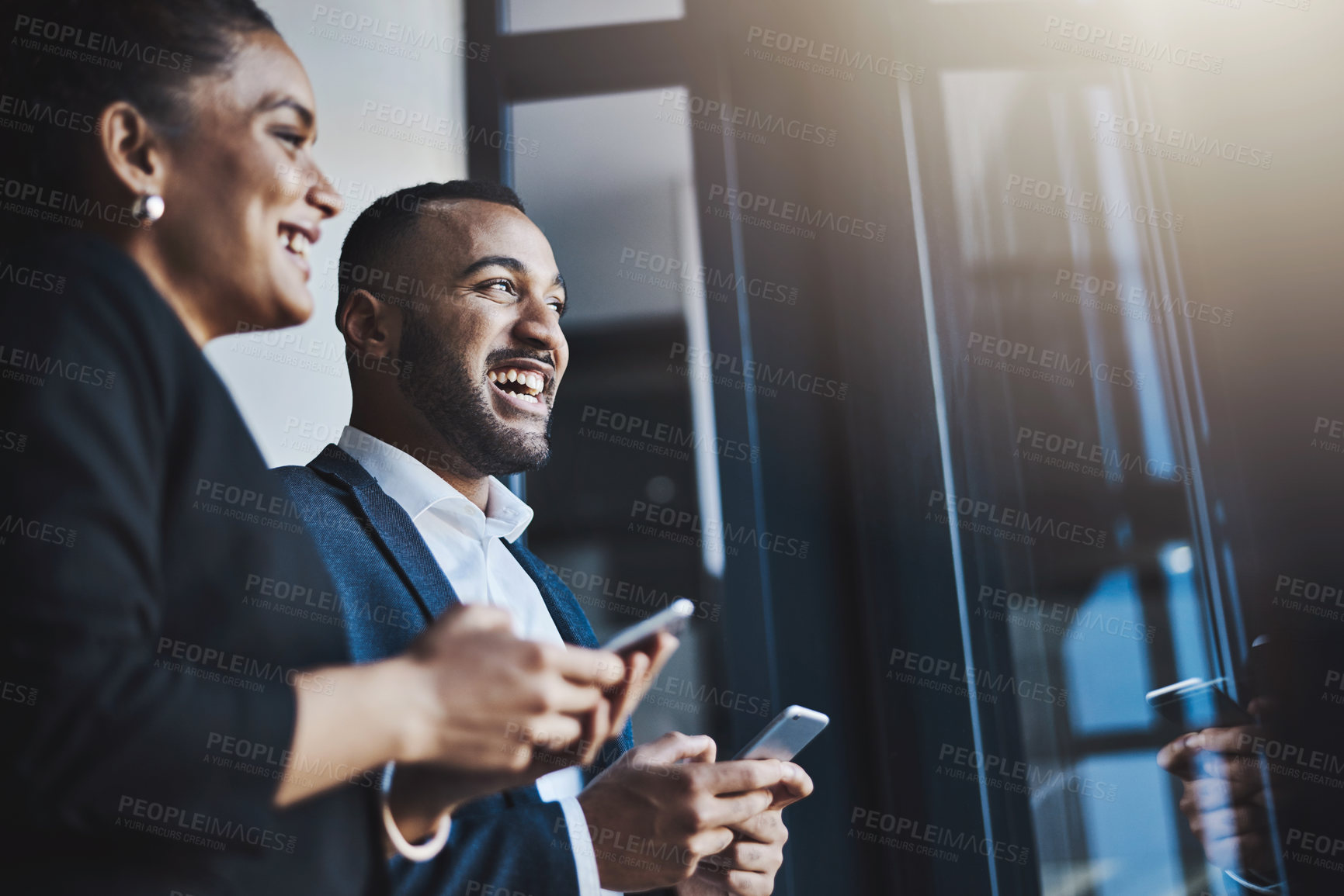 Buy stock photo Business, man and woman with phone in office for internet connection, meeting break and checking notifications. Team of people, professional employees and smartphone for text message and networking