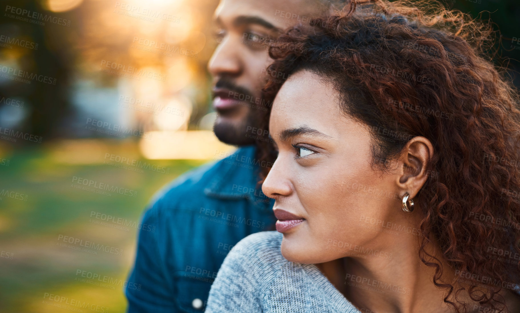 Buy stock photo Couple, hug and love in outdoor nature, holiday and relationship bonding on vacation. People, garden and romance on weekend trip for healthy marriage, support and security in commitment or embrace