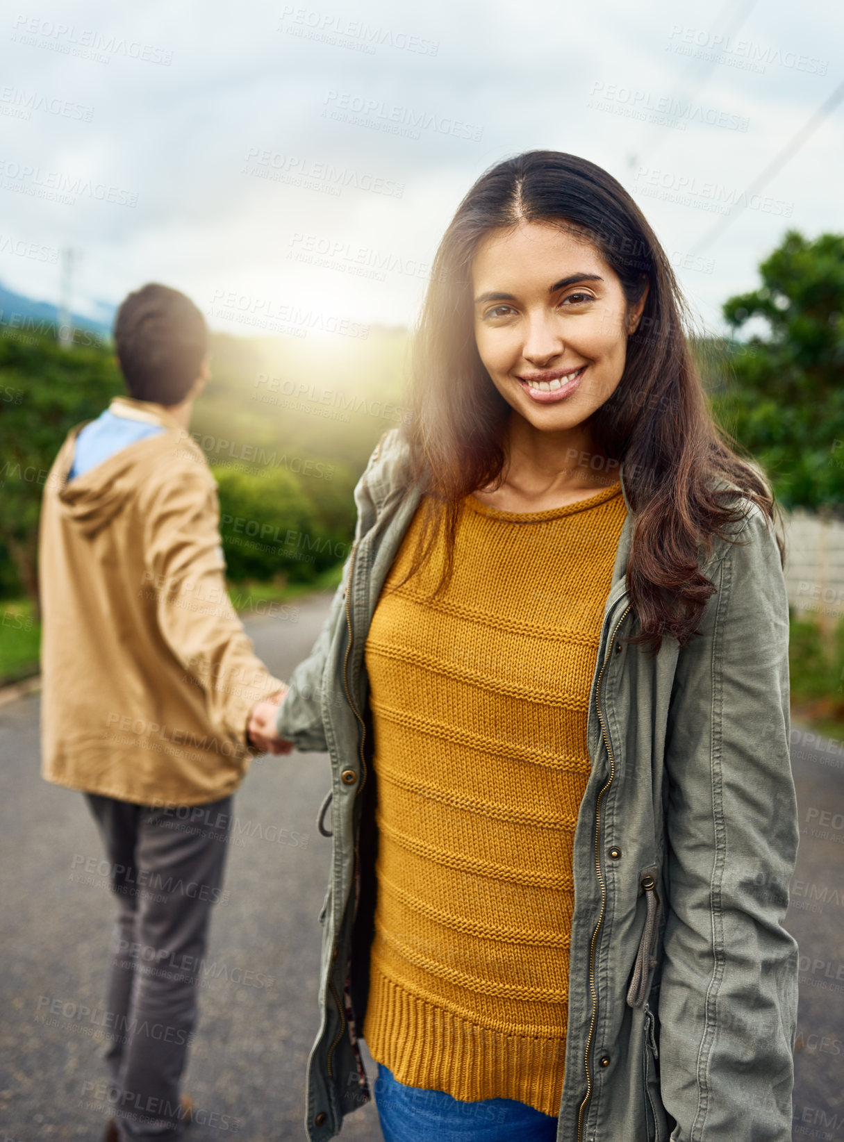 Buy stock photo Portrait, happy woman and man with smile, partner and commitment on countryside on holiday. Married people, vacation and romantic getaway for honeymoon, outdoor or travel for love or union in Greece