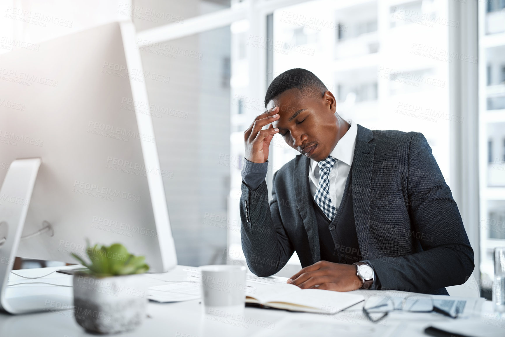 Buy stock photo Black man in business, headache and stress in workplace with corporate burnout, depression and pain in office. Male professional at desk, migraine and tired, overworked with anxiety and work crisis