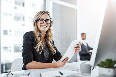 Buy stock photo Portrait, business and woman with tablet, smile and typing with connection, story tip and message Face, person or journalist with tech, research for article and digital app for online news and web