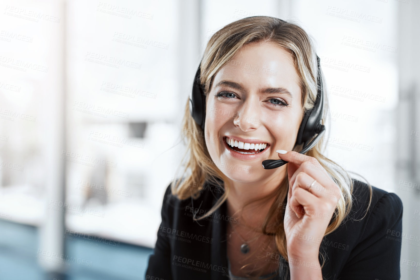 Buy stock photo Woman with headset, callcenter and laugh in portrait, contact us with communication and CRM with mockup space. Customer service, funny phone call and happy female consultant on help desk with support
