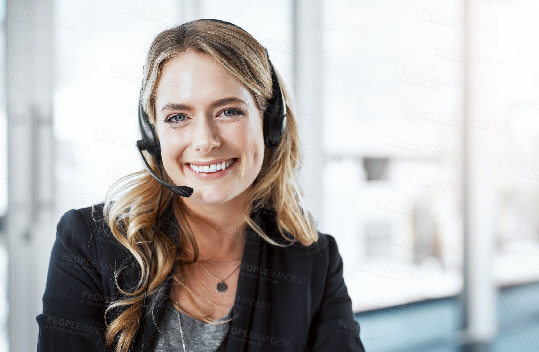 Buy stock photo Woman, callcenter and smile  in portrait, contact us with communication and CRM, mockup space and headset. Customer service, phone call and happy female consultant on help desk with support in office