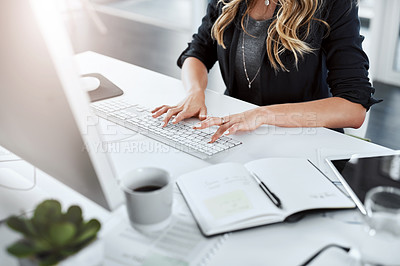 Buy stock photo Hands, online and keyboard on desk, office and closeup of employee with research on computer with notes. Business, digital and bookkeeper with report of finance in corporate, person and typing