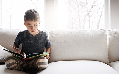 Buy stock photo Shot of an adorable little boy reading a book while relaxing on the sofa at home