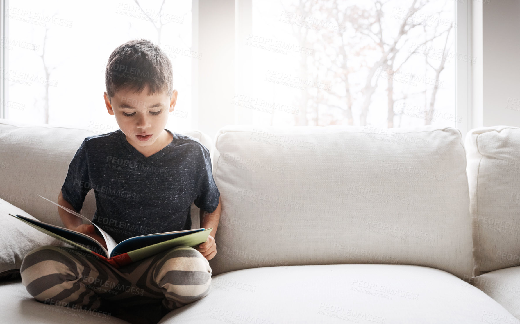 Buy stock photo Boy, kid and book for reading on couch, literature and fairytale for english development in home. Male person, child and fiction in lounge for knowledge, learning and literacy growth for education