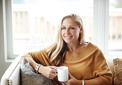Buy stock photo Woman, thinking and relax happy with tea on sofa in living room for morning mindfulness peace, calm vision and planning lifestyle ideas in home. Female, smile and mindset thought with coffee on couch