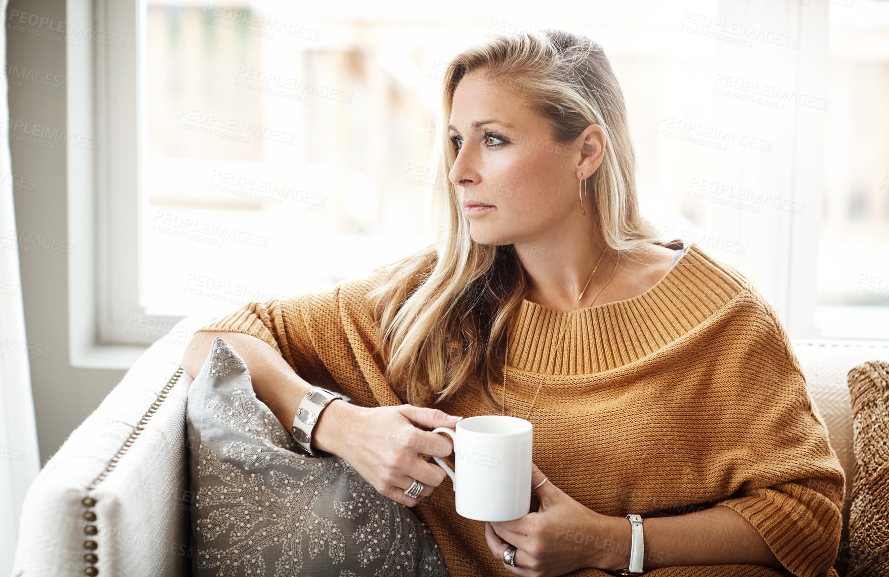 Buy stock photo Woman, thinking and relax with coffee on sofa in living room for morning mindfulness peace, calm vision and planning lifestyle ideas in home. Female, thoughtful mindset and drinking warm tea on couch