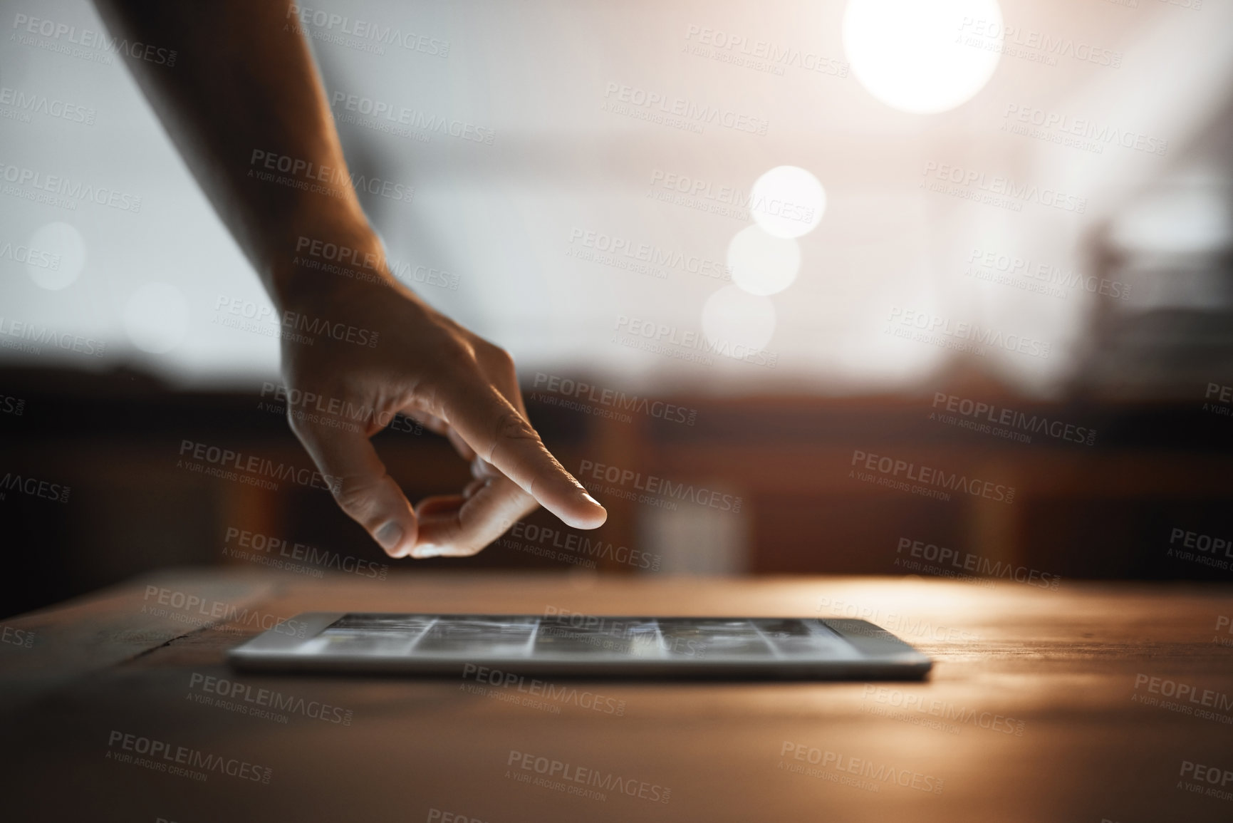 Buy stock photo Hand, night and business with man, tablet and internet with digital app, connection and network. Closeup, person and professional in office, technology and social media with communication and evening