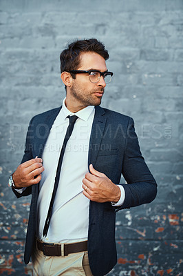 Buy stock photo Wall, business and man in city, thinking and employee with stylish clothes, fashion and confidence. Person, entrepreneur and consultant with formal outfit, solution and decision with pride and jacket