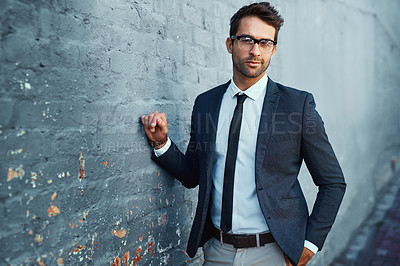 Buy stock photo Suit, entrepreneur and portrait with confidence, pride and fashion for accountant agency. Businessman, financial consultant and professional in commercial industry on gray city wall background mockup